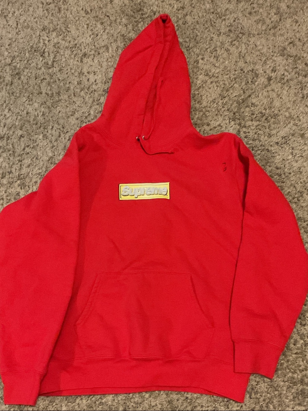Supreme Red Hoodie with Yellow Logo Box Patch